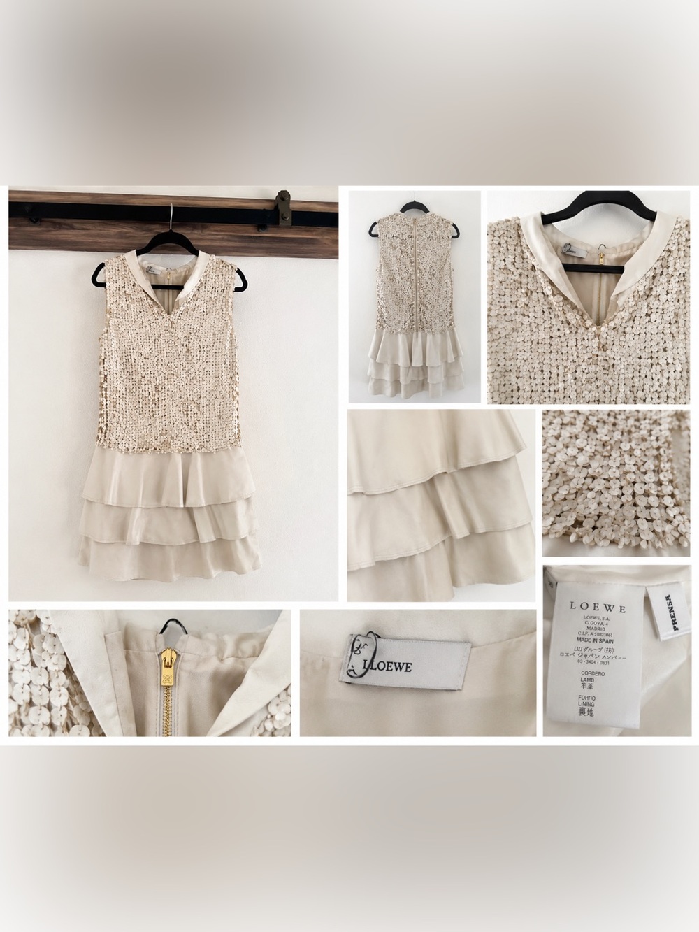 LOEWE Vintage Lamb Leather Embellished Tiered Mini Dress Ivory Size 36